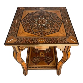 Mid 20th Century Moorish Mother of Pearl Wood Marquetry Inlay Occasional Side Square Tea Table
