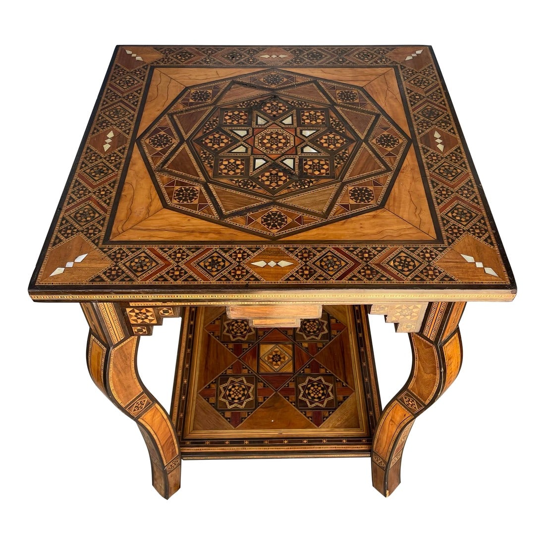 Mid 20th Century Moorish Mother of Pearl Wood Marquetry Inlay Occasional Side Square Tea Table: This is a gorgeous little side/tea table with fantastic marquetry inlay of various types of wood interspersed with mother of pearl. Some of the wood has either age darkened more than the other wood