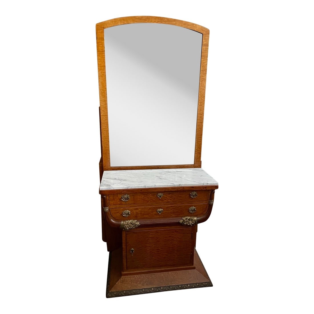 Early 20th Century Art Deco Burled Veneer Marble Top Ormolu Stand W/Tall Mirror Cabinet & Drawers: This is a fantastic Art Deco burl wood veneer 2 drawer stand and mirror with a cabinet below and marble top the entire piece is decorated with lovely brass ormolu. The height to the top of the mirror
