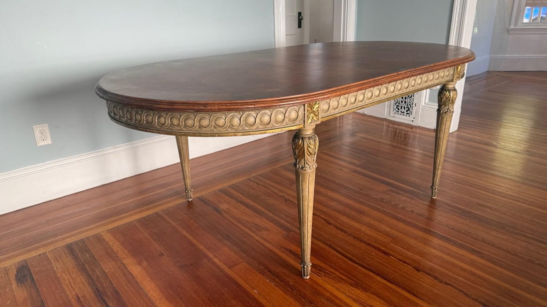 Antique Neoclassical Dining Table With Bird's Eye Maple Top and Distressed Painted Base "” - 2