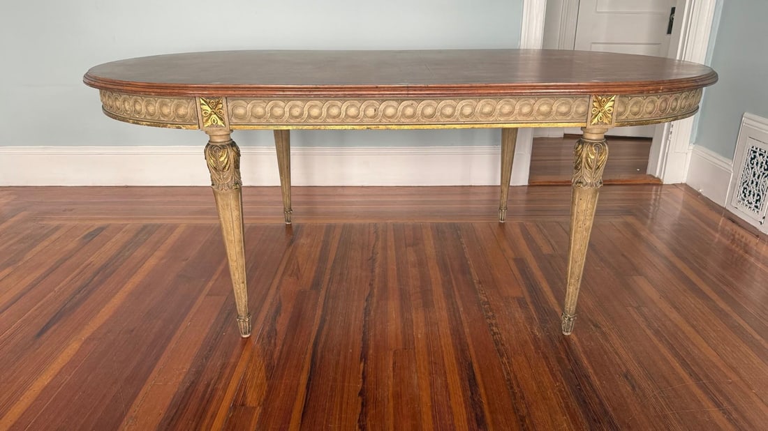 Antique Neoclassical Dining Table With Bird's Eye Maple Top and Distressed Painted Base "” - 3