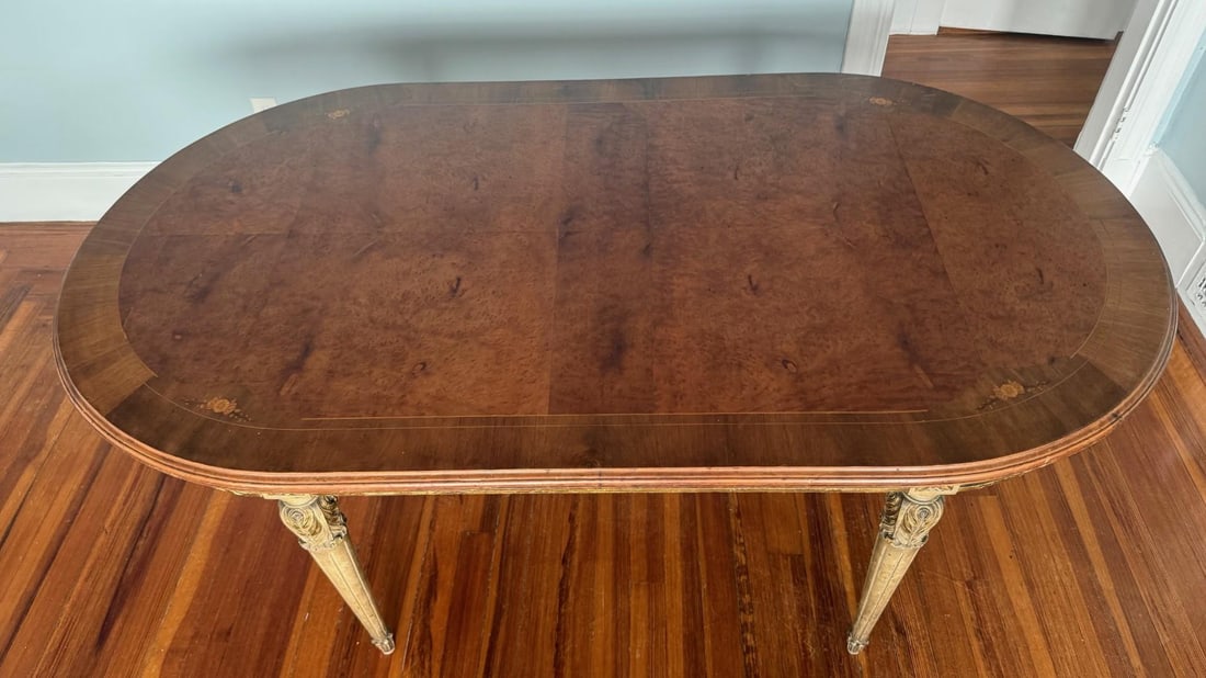 Antique Neoclassical Dining Table With Bird's Eye Maple Top and Distressed Painted Base "” - 6