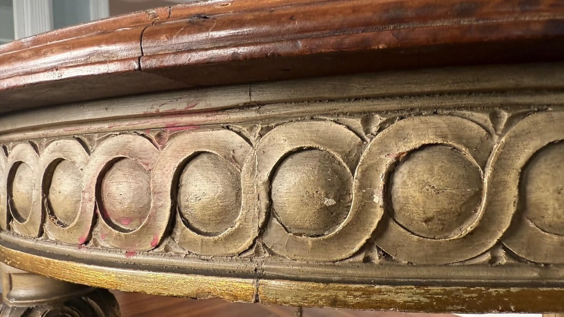 Antique Neoclassical Dining Table With Bird's Eye Maple Top and Distressed Painted Base "” - 9