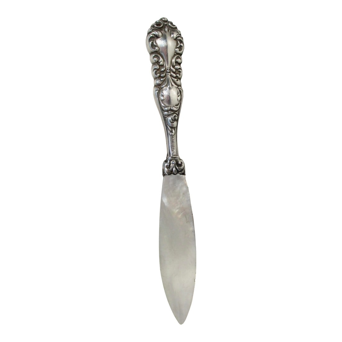 Sterling Silver and Mother of Pearl Pate Knife 1910: Antique pate knife with mother-of-pearl blade. American Belle Epoche style with sterling on the handle. The size is 6" by .75" wide. INV SFB 27 bx 79 Condition: Alterations: Original Condition