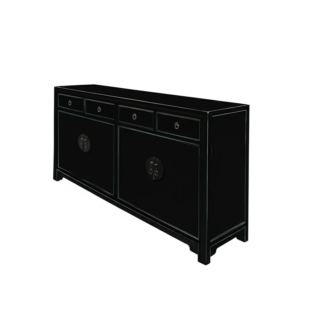 Oriental Black 4 Drawers Moon Face Sideboard Buffet Table Cabinet - 6