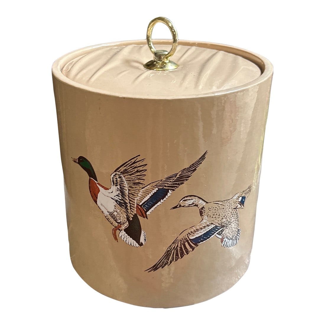 1970s Tan Colored Ice Bucket/Champagne Bucket With Mallard Duck and Gold Accents (1 of 7)