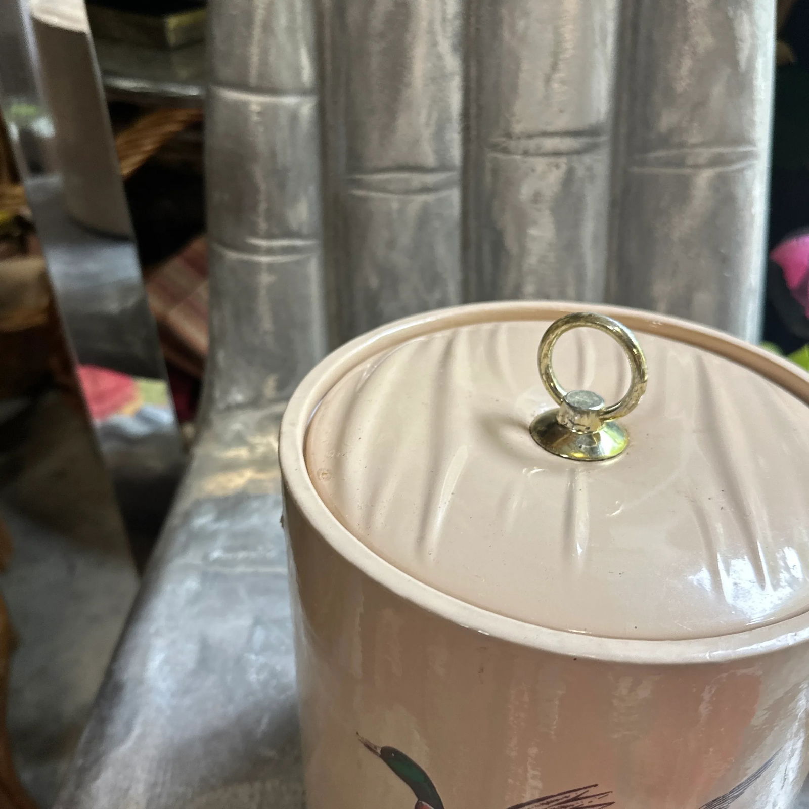 1970s Tan Colored Ice Bucket/Champagne Bucket With Mallard Duck and Gold Accents - 2