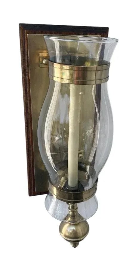 Vintage Mid Century Brass Hurricane Candle Wall Sconce With Wooden Wall Mount With Brass Plate. - 2
