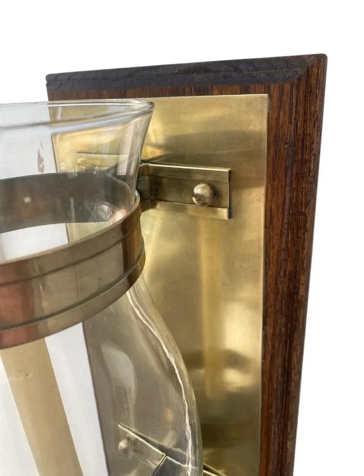 Vintage Mid Century Brass Hurricane Candle Wall Sconce With Wooden Wall Mount With Brass Plate. - 3