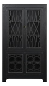 Distressed Black Latticework Glass Doors China Bookcase Cabinet Hutch