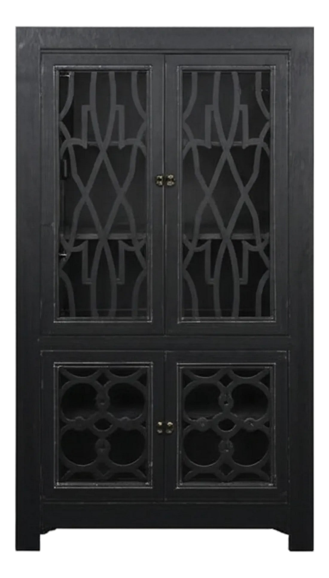 Distressed Black Latticework Glass Doors China Bookcase Cabinet Hutch: Introducing this hutch cabinet etagere, a stunning blend of classic design and modern functionality. Crafted from solid wood and finished in a rich, distressed black, this cabinet exudes a timeless el
