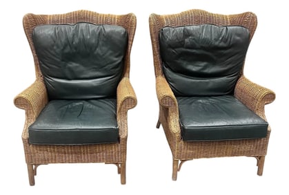 Pair of Large Wicker Wingback Chairs With Ottoman by Henry Link for Lexington Furniture 1972