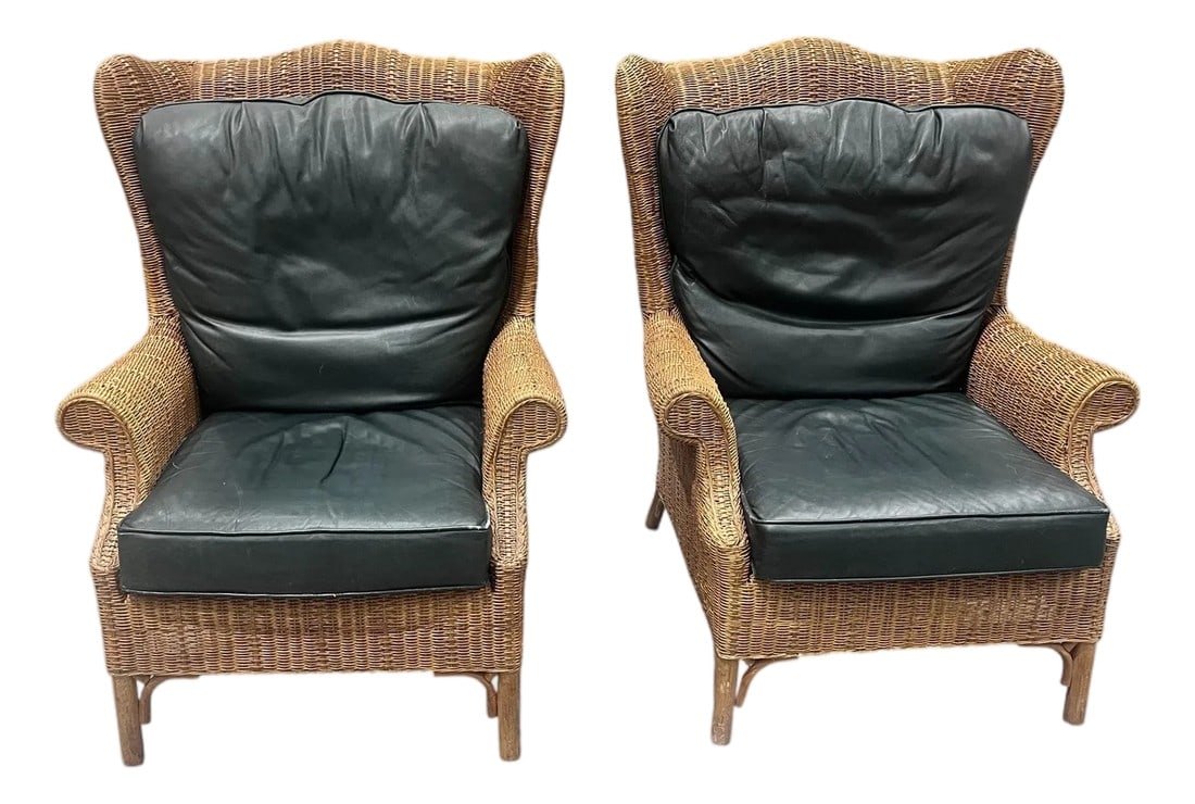 Pair of Large Wicker Wingback Chairs With Ottoman by Henry Link for Lexington Furniture 1972: Pair of large wicker wing back lounge chairs with ottoman by Henry Link 1972 wingback chairs with a classic form and bold scale crafted in wicker with a removable leather cushions and bamboo splayed l