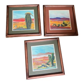 1970s Trio of Desert Cactus Paintings in Wooden Frames, Set of 3