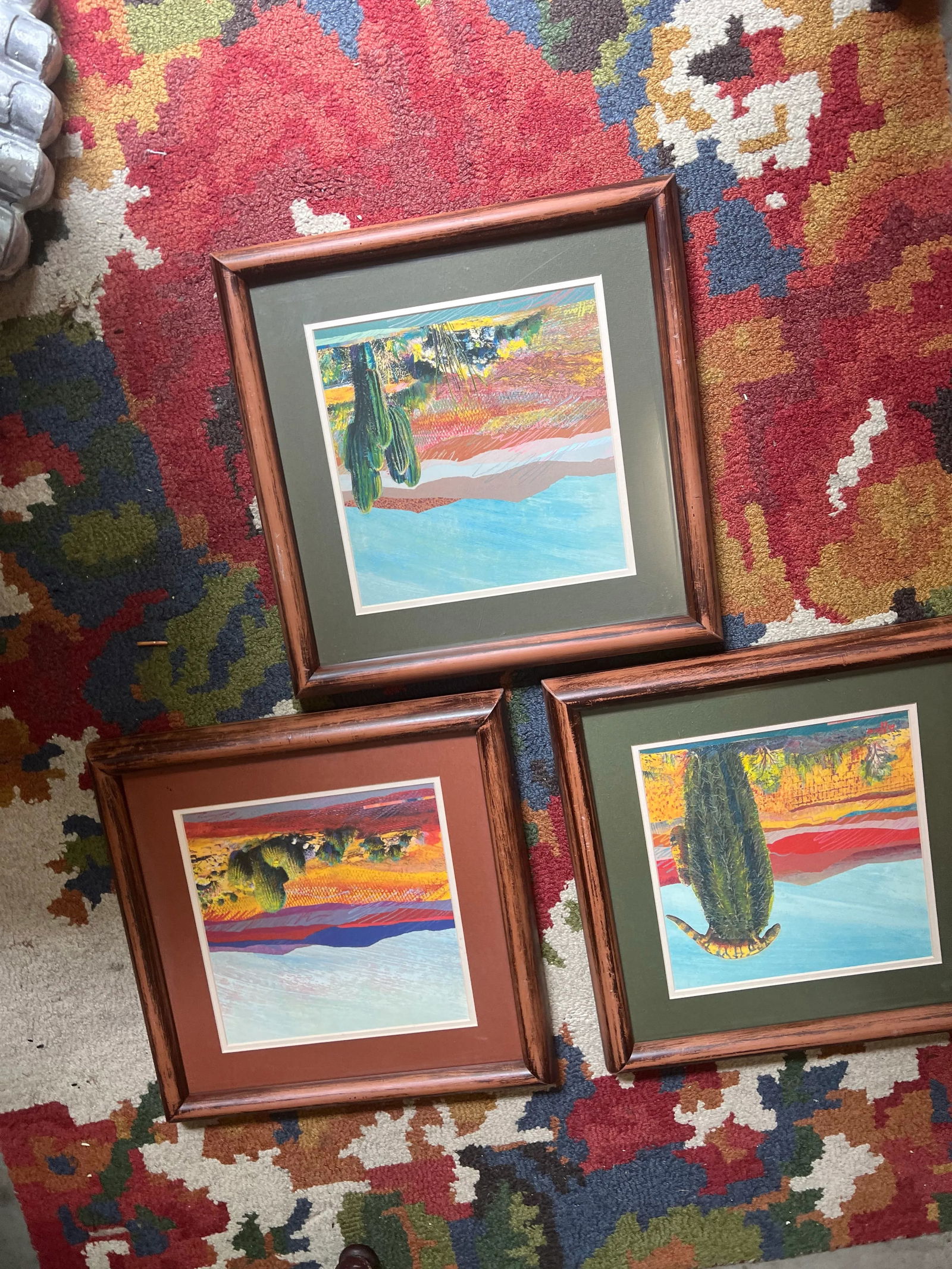 1970s Trio of Desert Cactus Paintings in Wooden Frames, Set of 3 - 2