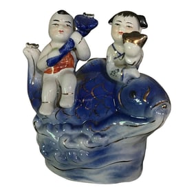 Blue and White Asian Children Ceramic Sculpture