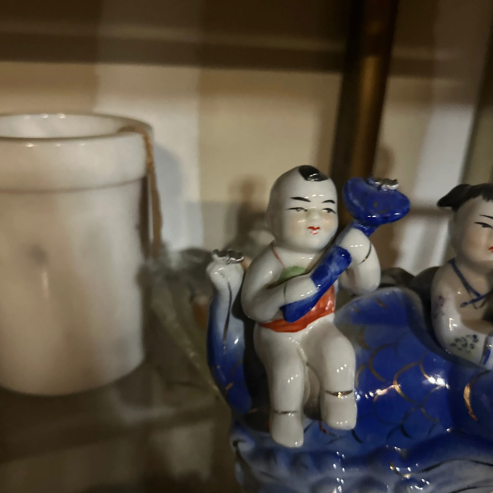 Blue and White Asian Children Ceramic Sculpture - 2