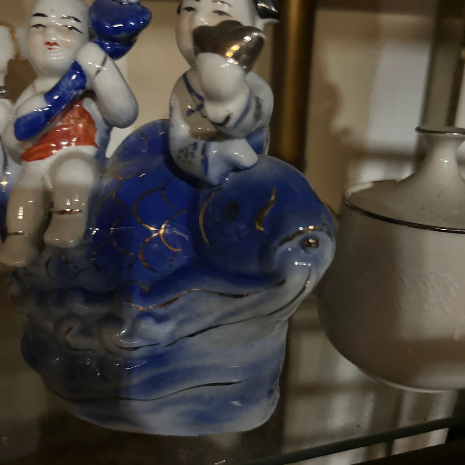 Blue and White Asian Children Ceramic Sculpture - 4