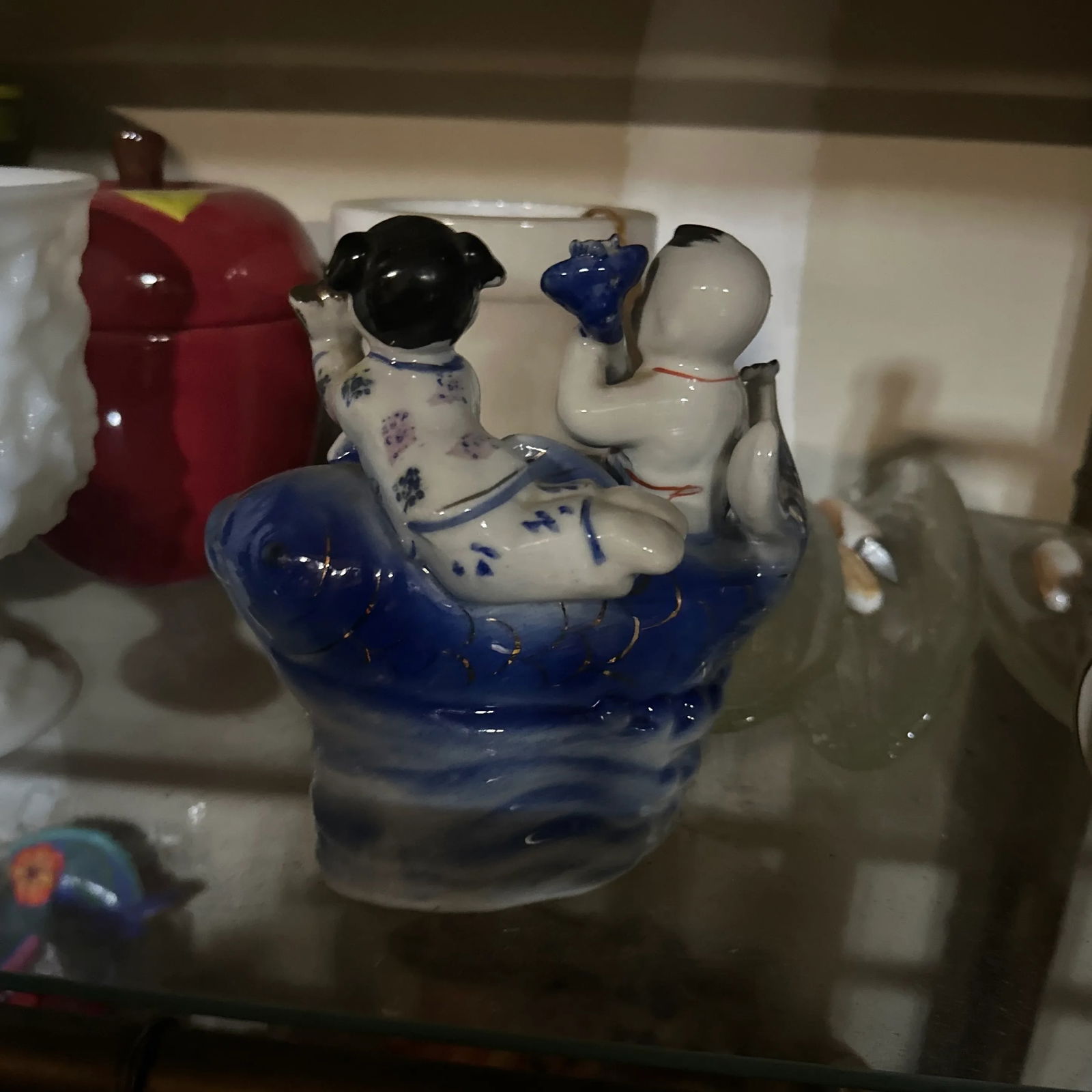 Blue and White Asian Children Ceramic Sculpture - 5