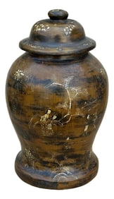 Chinese Distressed Brown Lacquer Golden Scenery Wood Temple Jar