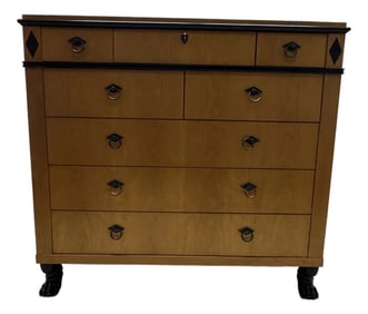 1980s Baker Furniture Biedermeier Style Tiger Maple Commode Chest of Drawers