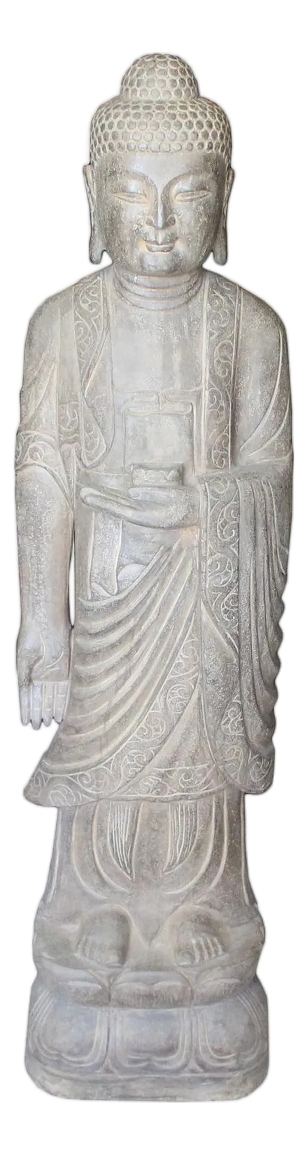 Chinese Gray Brown Stone Carved Standing Medicine Buddha Statue: Inspired by the Northern Qi dynasty (550-577 CE), this finely sculpted Buddha statue stands in a tranquil and welcoming posture. The elongated body, graceful drapery, and gentle facial expression are