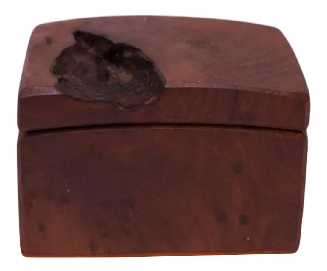 Mid-Century Miniature Walnut Burl Trinket Box: Miniature trinket / keepsake box carved from walnut burl with rich color and vivid grain. H: 2" x D: 2" x L: 3" Condition: Alterations: Original Condition Unaltered Imperfections: Some