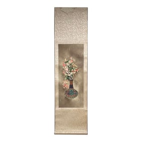 Chinese Flower Vase Embroidery Scroll Painting Wall Art