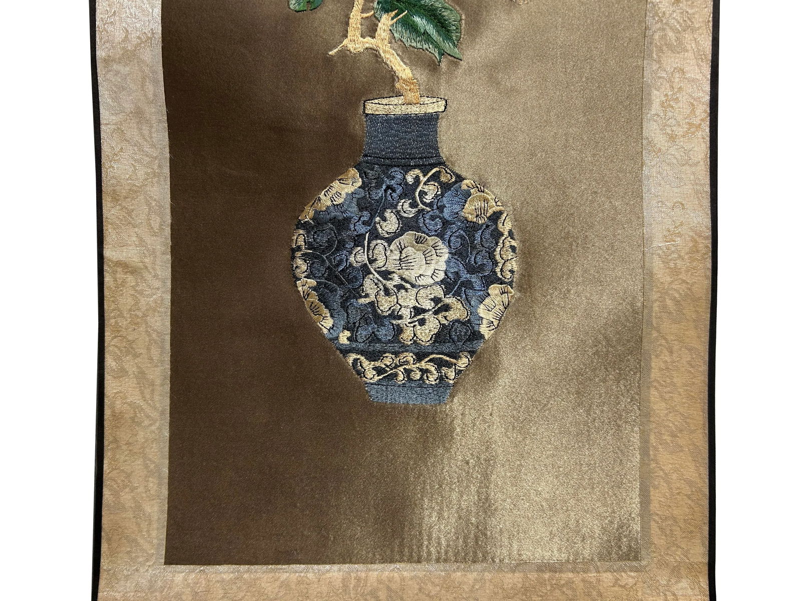 Chinese Red Flower Vase Embroidery Scroll Painting Wall Art - 3