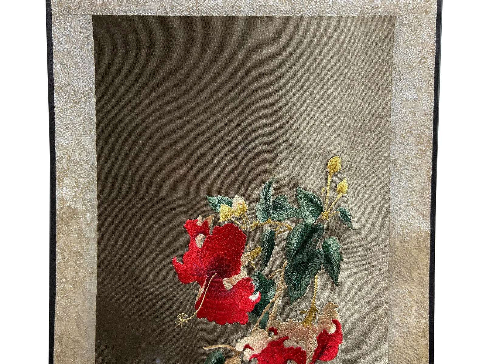 Chinese Red Flower Vase Embroidery Scroll Painting Wall Art - 4