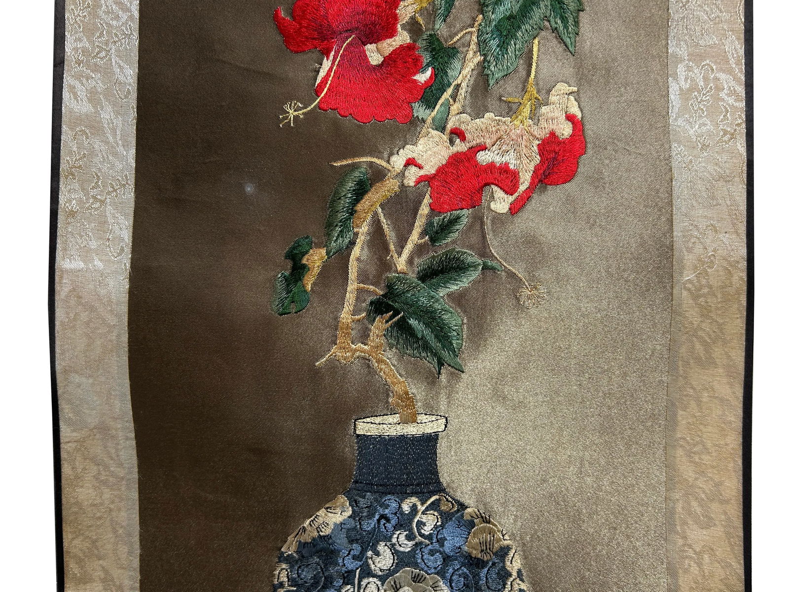 Chinese Red Flower Vase Embroidery Scroll Painting Wall Art - 5