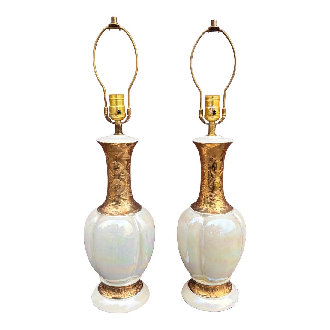 1960s Iridescent Lamps - a Pair: Pair of Mid Century Irradescent Lamps in White and Trimmed in Gold . Condition: Alterations: Original Condition Unaltered Imperfections: Some Imperfections Condition Notes: Good Used Shape 