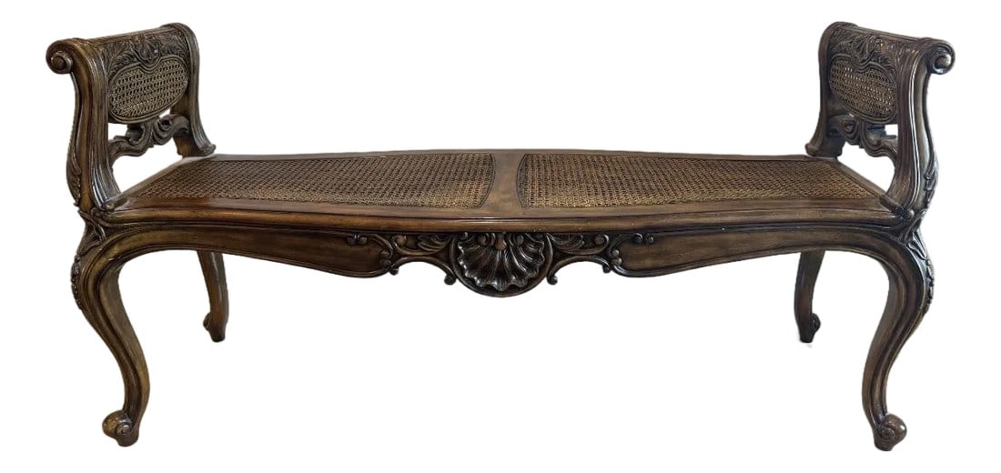 1990s Maitland Smith Vintage Cane Bench: The Maitland Smith Vintage Cane Bench is crafted with exquisite attention to detail. This timeless piece seamlessly blends sophistication with functionality, making it a captivating addition to any