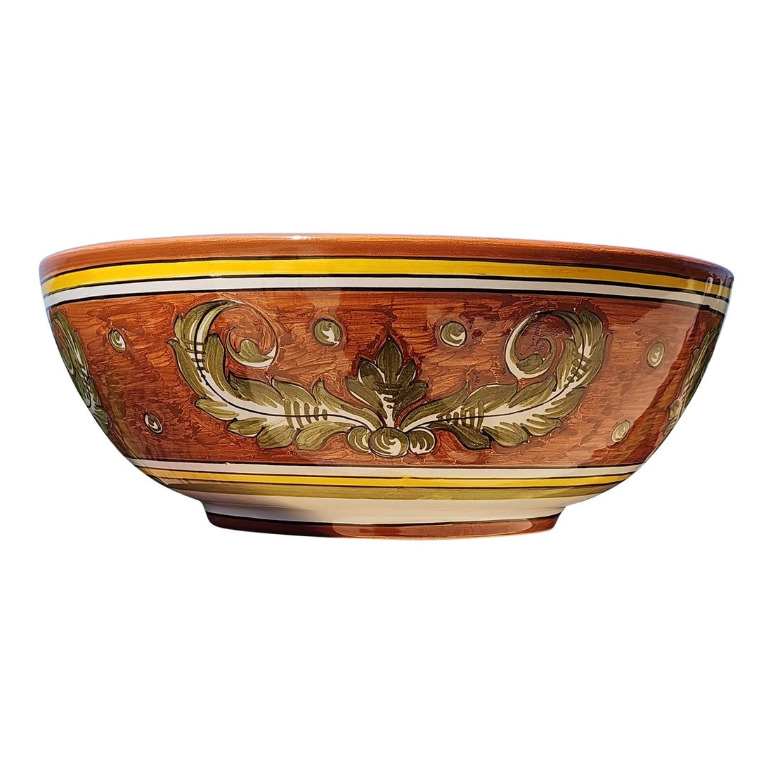 Hand Painted Deruta Ceramic Bowl: Vintage Italian hand painted Deruta serving bowl. Condition: Alterations: Original Condition Unaltered Imperfections: Some Imperfections Condition Notes: Great condition Dimensions: Height: 4.25