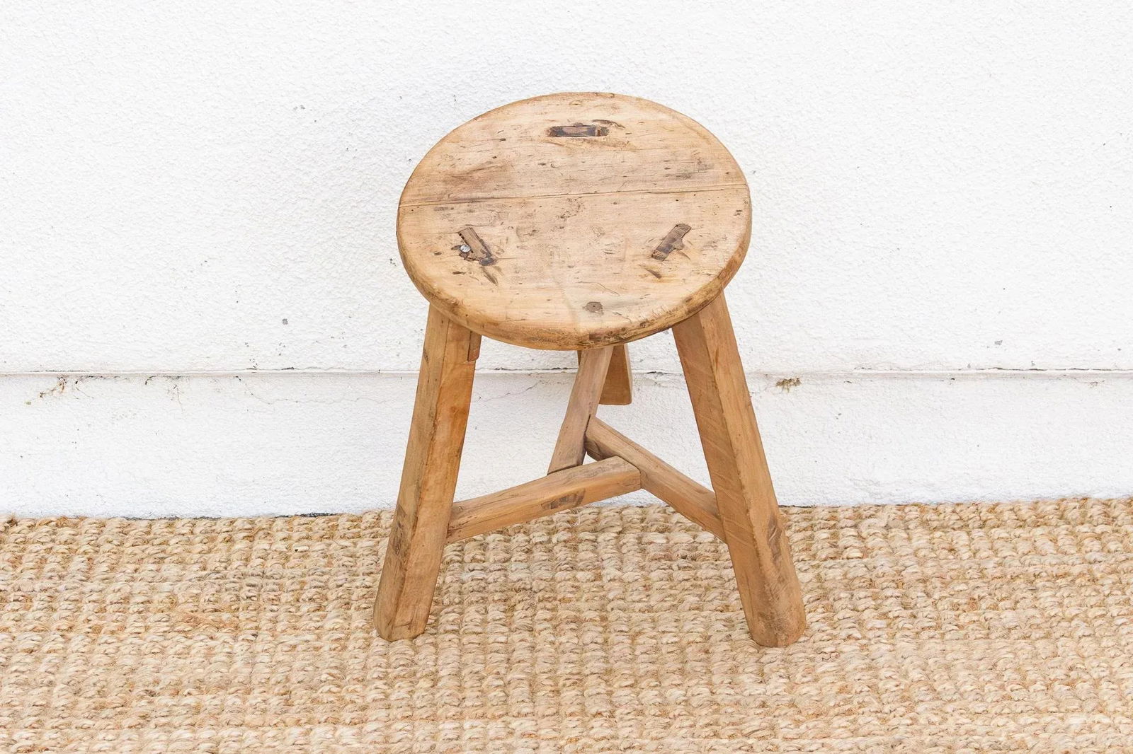 Bleached Wood Vintage Round Stool - 3
