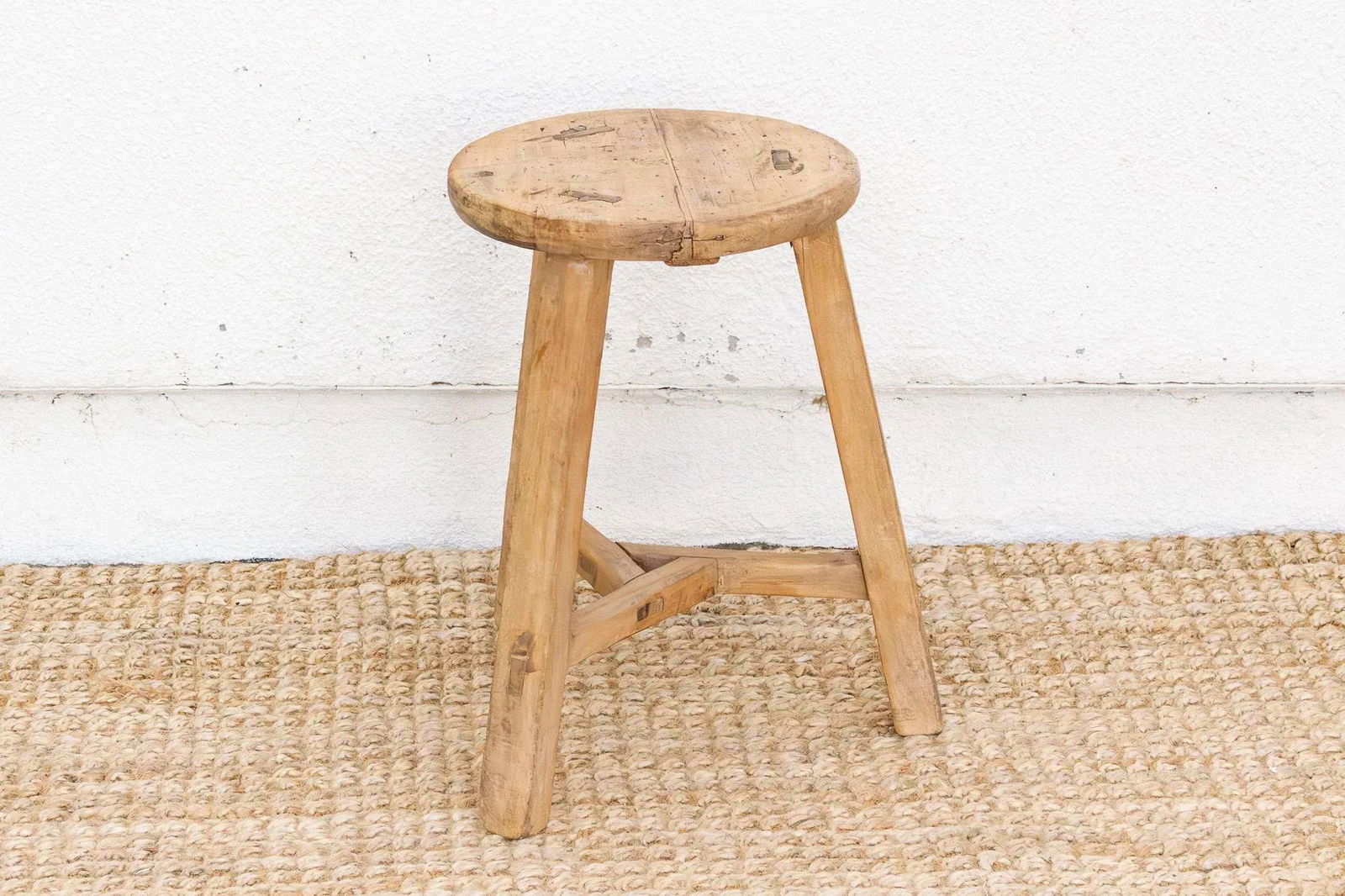 Bleached Wood Vintage Round Stool - 5