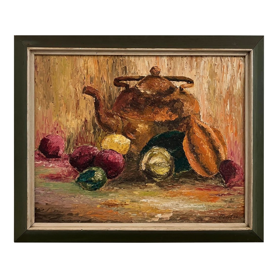 1950s Vintage Rustic Still Life Oil Painting With Copper Kettle & Fruit, Framed: A richly textured vintage oil painting featuring a rustic copper kettle surrounded by colorful fruit. Painted with heavy palette knife strokes, the piece glows with earthy tones of burnt orange,