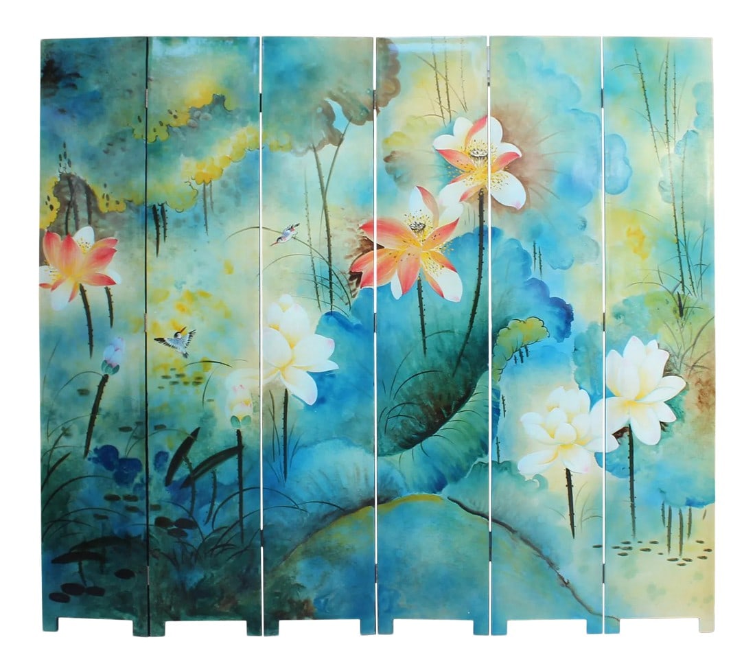 Water Ink Style Blue Lotus Pond Flower Birds Theme Graphic Screen: This is a floor screen made of wood and cover with a veneer which is printed with a graphic of blue base lotus flowers and birds in water ink style. Dimensions: w96" x h84" thickness 1" approx