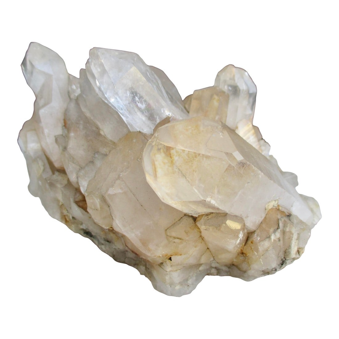 Natural Specimen Cluster of Rock Quartz Crystals: Clear to milky quartz cluster. Large natural points on top and druzzy surface clusters formed on the lower surface. The measurements are overall, 5" by 4" by 3.75 tall. Condition: Alterations:
