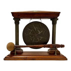Antique English Oak and Brass Dinner Gong With Mallet – Edwardian Era