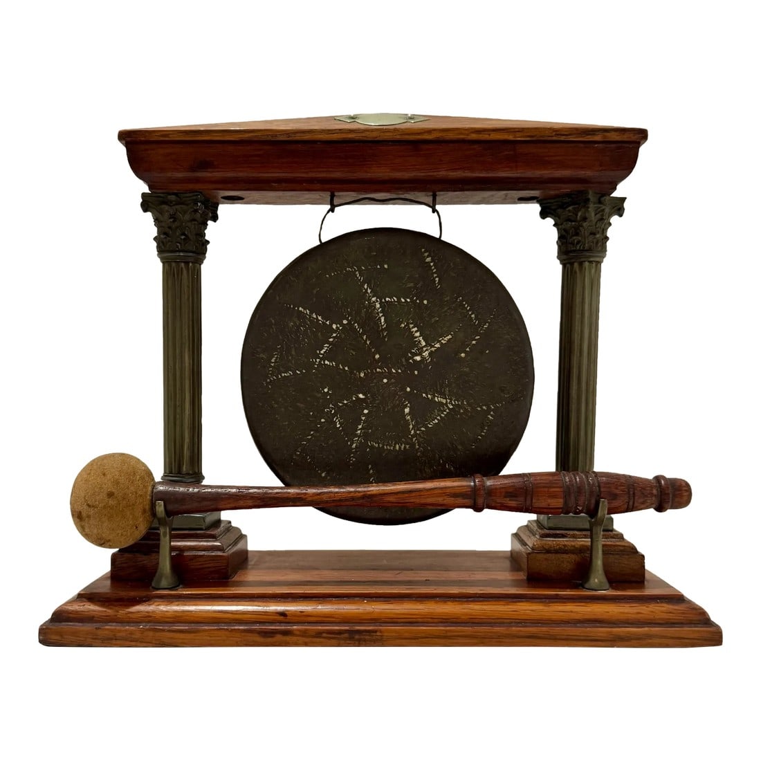 Antique English Oak and Brass Dinner Gong With Mallet – Edwardian Era (1 of 9)