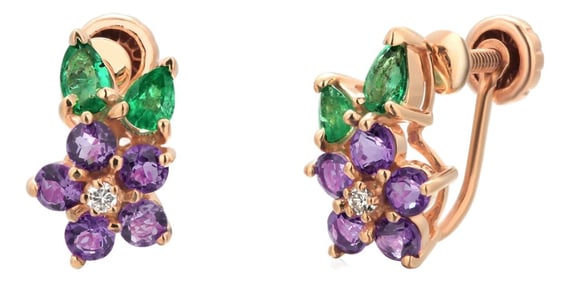 House of Igor Carl Fabergé Yellow Gold Amethyst Emerald Diamond Floral Earrings, A Pair