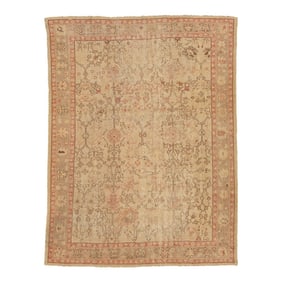Tan Handmade Turkish Oushak Wool Rug Featuring a Floral Motif