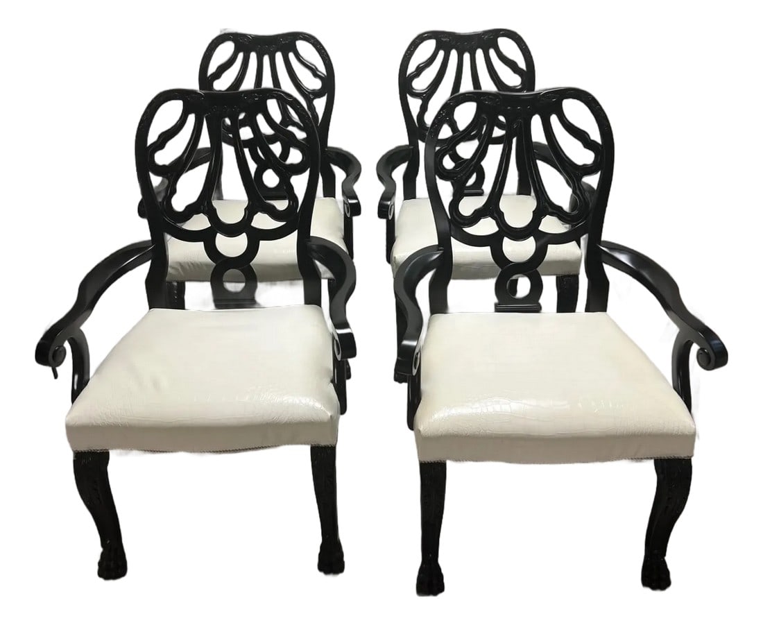 Set of 4 Ralph Lauren Black Armchairs With Genuine Leather Faux Alligator Seats: A striking set of four armchairs by Ralph Lauren, crafted in the early 2000s. Each chair showcases a sculptural black wood frame with pierced back splats, elegant scroll arms, and bold claw-and-ball