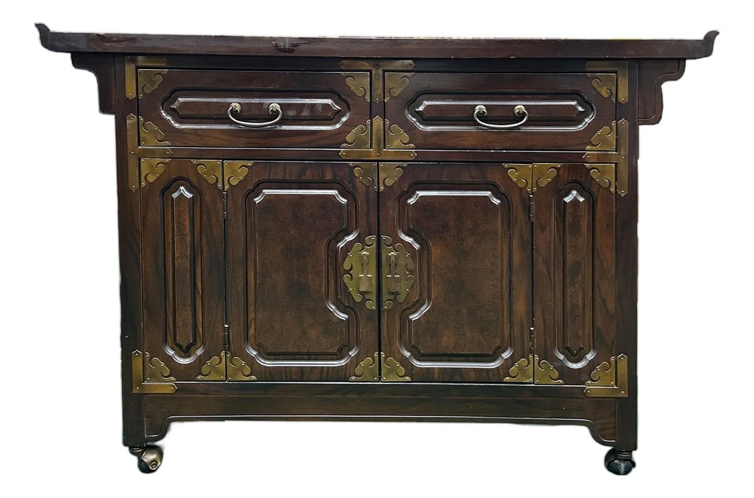 Dark Brown Vintage Point Edge Characters Engraved Top Credenza Cabinet: This exceptional Chinoiserie Ming Dynasty-era style cabinet is a stunning example of fine craftsmanship and historical artistry. Crafted from rich, dark-stained wood with a beautiful, natural grain,