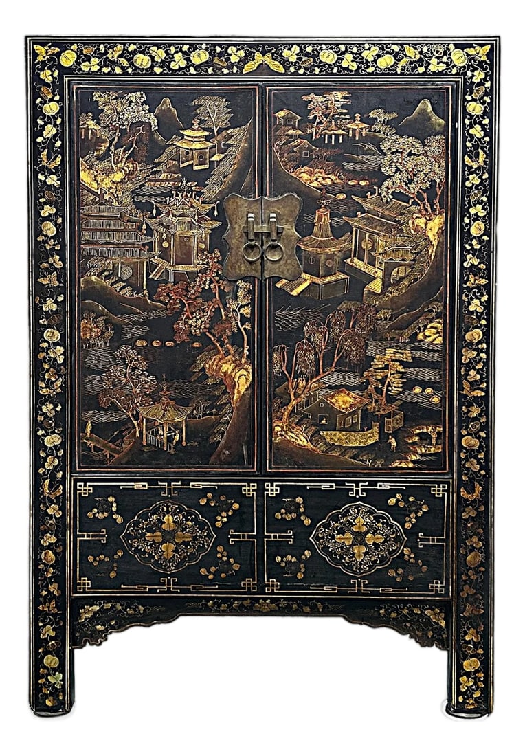 Vintage Chinese Black Golden Scenery Storage Armoire Wardrobe Cabinet: This exquisite black lacquered Chinese cabinet, with its stunning hand-painted gold detailing, is a masterful example of traditional craftsmanship. The ornate front doors depict a serene landscape of