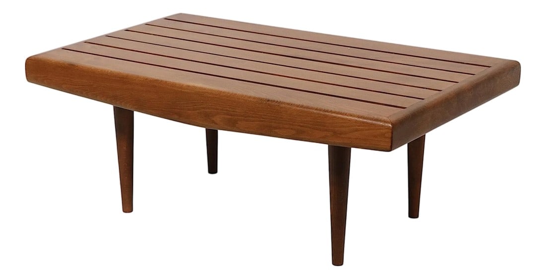 Diminutive Mid Century Slat Bench Side Coffee Table Made in Yugoslavia C 1950/70's: Classic Mid Century slaty bench, coffee, or side, table made in Yugoslavia, after Nelson. Hard to find diminutive size, this example is in excellent, original, clean and ready to use condition. 