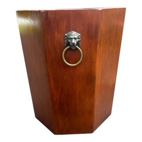 Vintage Wood Waste Basket With Brass Lions Head Handles