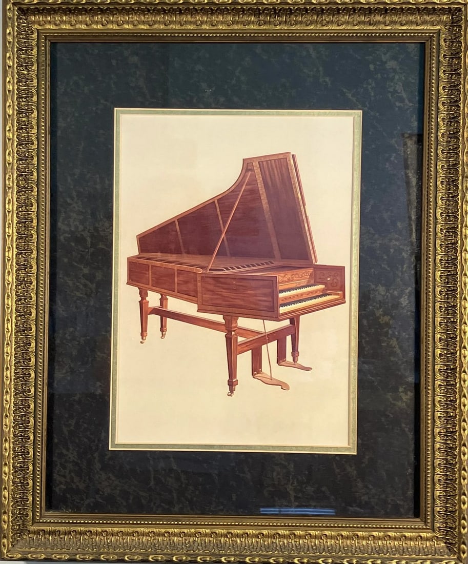 Vintage Print of Grand Piano – Framed Musical Instrument Illustration: This vintage print depicts a beautifully rendered grand piano, shown in profile with rich wood tones and detailed craftsmanship. Likely created in the mid-20th century (c. 1950s–1970s), the