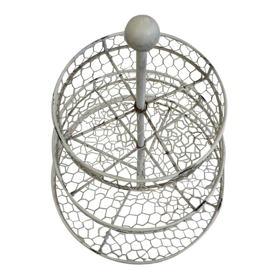 Vintage White 3-Tier Wire Basket Stand – Farmhouse Display Organizer: This vintage 3-tier wire basket stand is a charming farmhouse-style piece, perfect for adding rustic organization and display to any space. Made of sturdy metal with a white-painted chicken wire